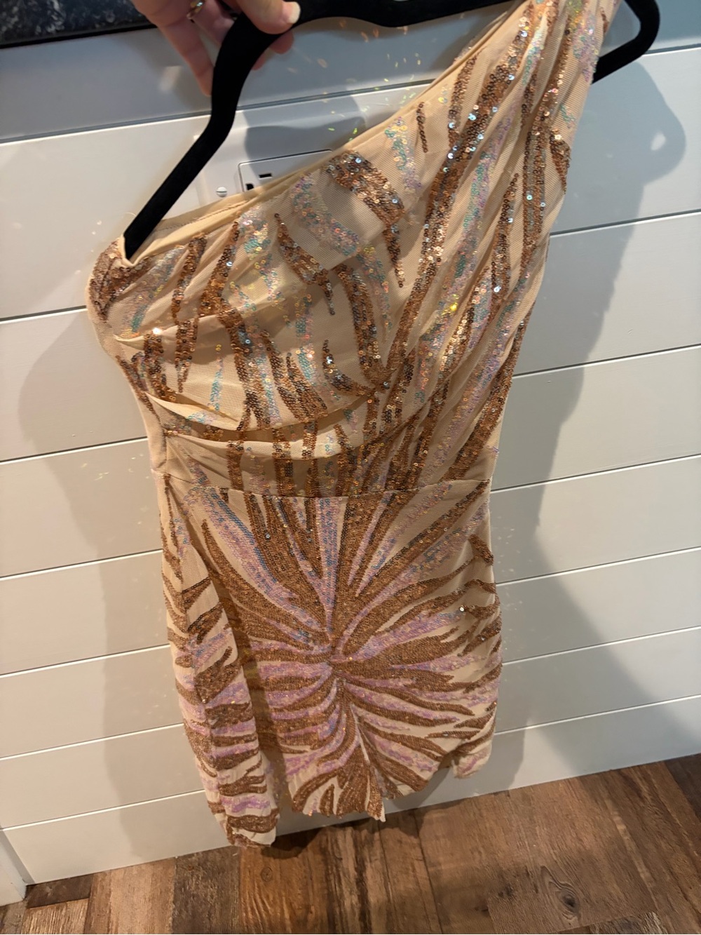 Lulu's Nude One-Shoulder Sequin Mini Dress